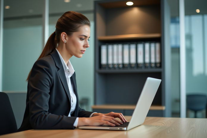 femme-bureau-ordinateur Femme d'affaires concentrée travaillant sur son ordinateur dans un bureau moderne