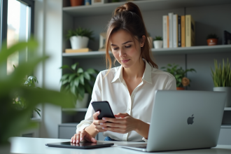Femme concentrée au bureau avec smartphone et ordinateur