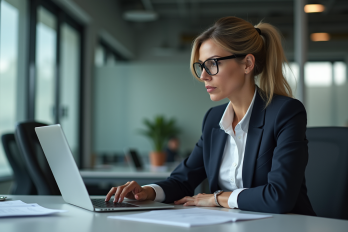 femme-bureau-securite-donnees Femme d affaires concentrée sur un message de securite des donnees