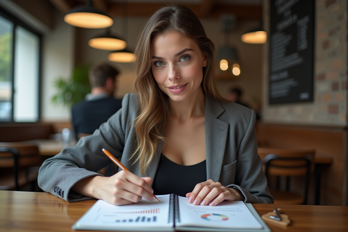 Jeune femme commerciale analysant graphiques au café