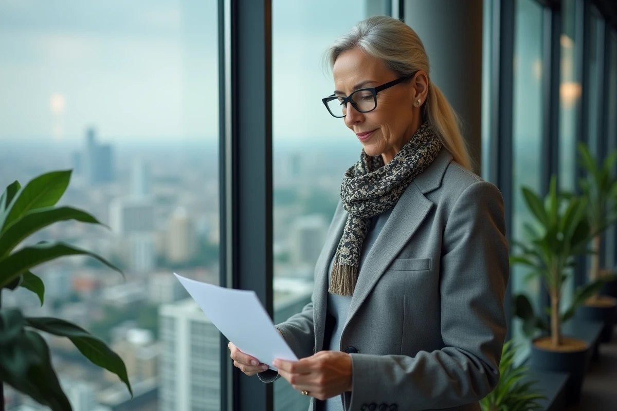 Femme consultante examinant des documents dans un bureau moderne