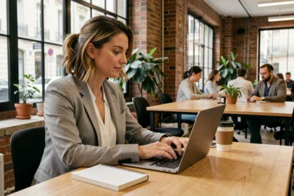 Femme travaillant dans un espace de coworking à Bordeaux avec un ordinateur portable posé sur un bureau en bois