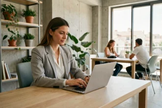 Femme travaillant dans un espace de coworking moderne à Montpellier avec ordinateur portable et décor végétal