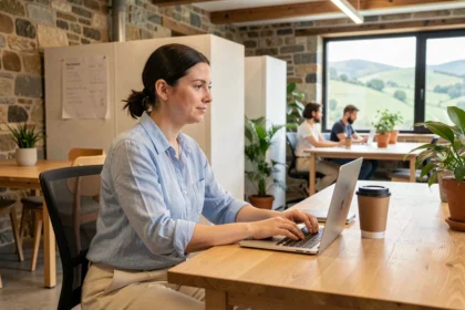 Femme travaillant dans un espace de coworking au Pays basque avec vue sur les collines vertes