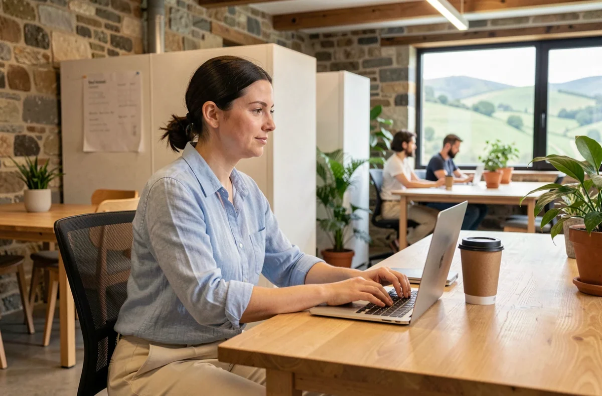 Femme travaillant dans un espace de coworking au Pays basque avec vue sur les collines vertes