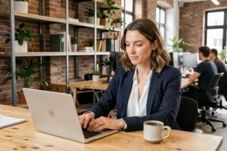 Femme travaillant dans un espace de coworking à Rouen avec un ordinateur portable sur un bureau en bois
