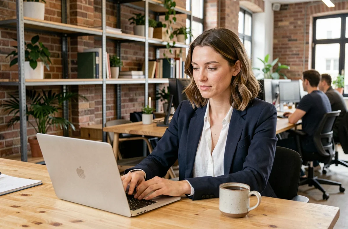 Femme travaillant dans un espace de coworking à Rouen avec un ordinateur portable sur un bureau en bois