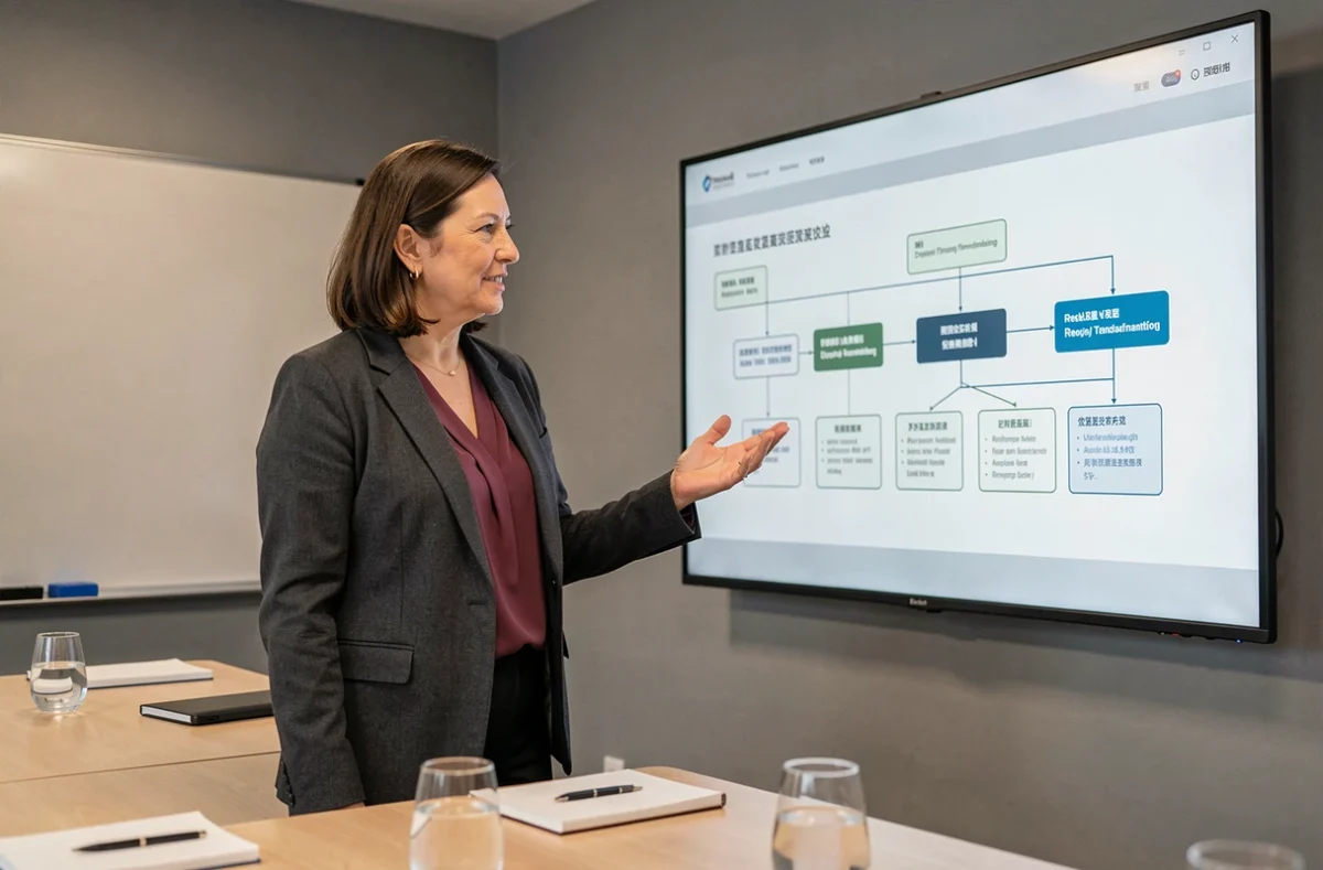 Femme dirigeante présentant une stratégie digitale simplifiée sur un écran interactif en salle de réunion