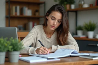 Femme organisée écrivant dans un carnet à la maison