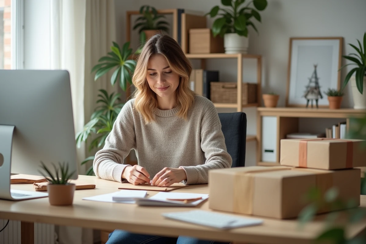 Femme en train d'assembler des petits colis dans un bureau lumineux
