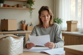 Femme examinant un contrat d'emballeur à domicile sur une table avec des cartons et du matériel d'emballage