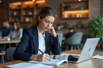 Femme entrepreneur lisant un magazine business à son bureau dans un espace de coworking pour lancer son projet