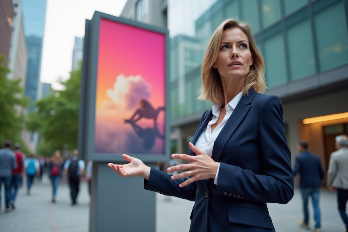 Femme entrepreneure devant un panneau publicitaire urbain
