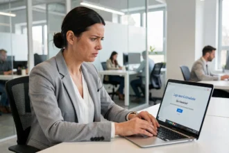 Femme frustrée devant un écran d'ordinateur affichant une erreur de connexion sur GTM Extranet en milieu de bureau professionnel
