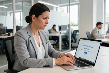 Femme frustrée devant un écran d'ordinateur affichant une erreur de connexion sur GTM Extranet en milieu de bureau professionnel