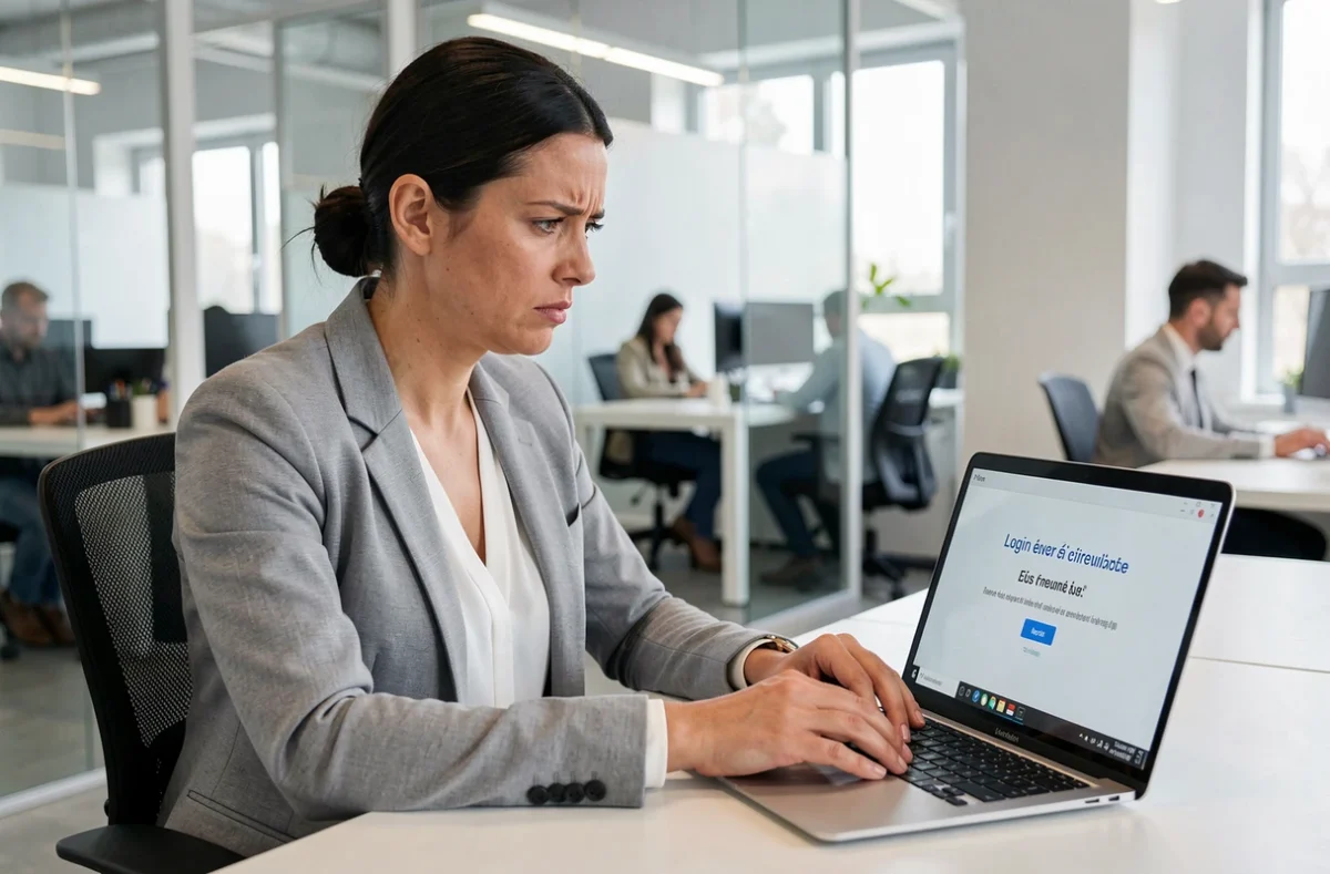 Femme frustrée devant un écran d'ordinateur affichant une erreur de connexion sur GTM Extranet en milieu de bureau professionnel