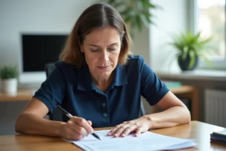 Femme en situation de handicap travaillant en ESAT qui examine attentivement sa fiche de paie à son bureau