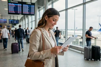 Femme expatriée dans un terminal d'aéroport international consultant des documents de voyage pour travailler à l'étranger