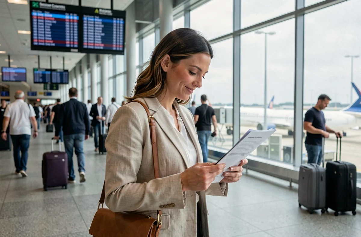 Femme expatriée dans un terminal d'aéroport international consultant des documents de voyage pour travailler à l'étranger