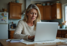 Femme frustrée devant son ordinateur dans la cuisine