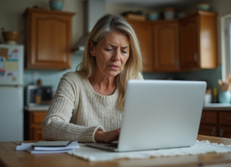 Femme frustrée devant son ordinateur dans la cuisine