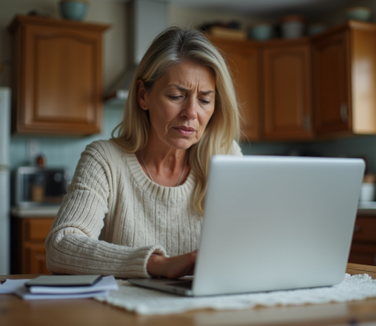Femme frustrée devant son ordinateur dans la cuisine