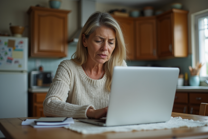 Femme frustrée devant son ordinateur dans la cuisine
