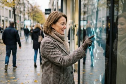 Femme curieuse touchant une vitrine interactive en ville