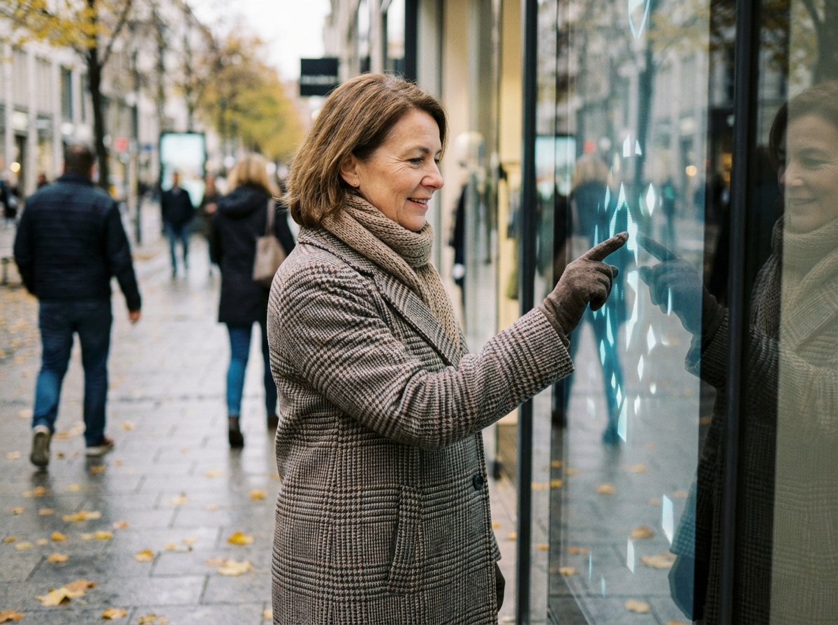 Femme curieuse touchant une vitrine interactive en ville