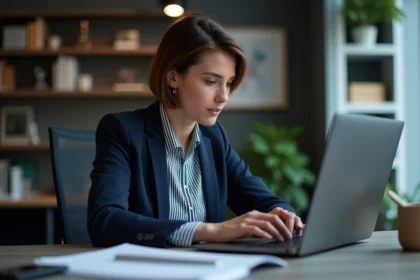 Femme en blazer bleu explore un filtre sur son ordinateur