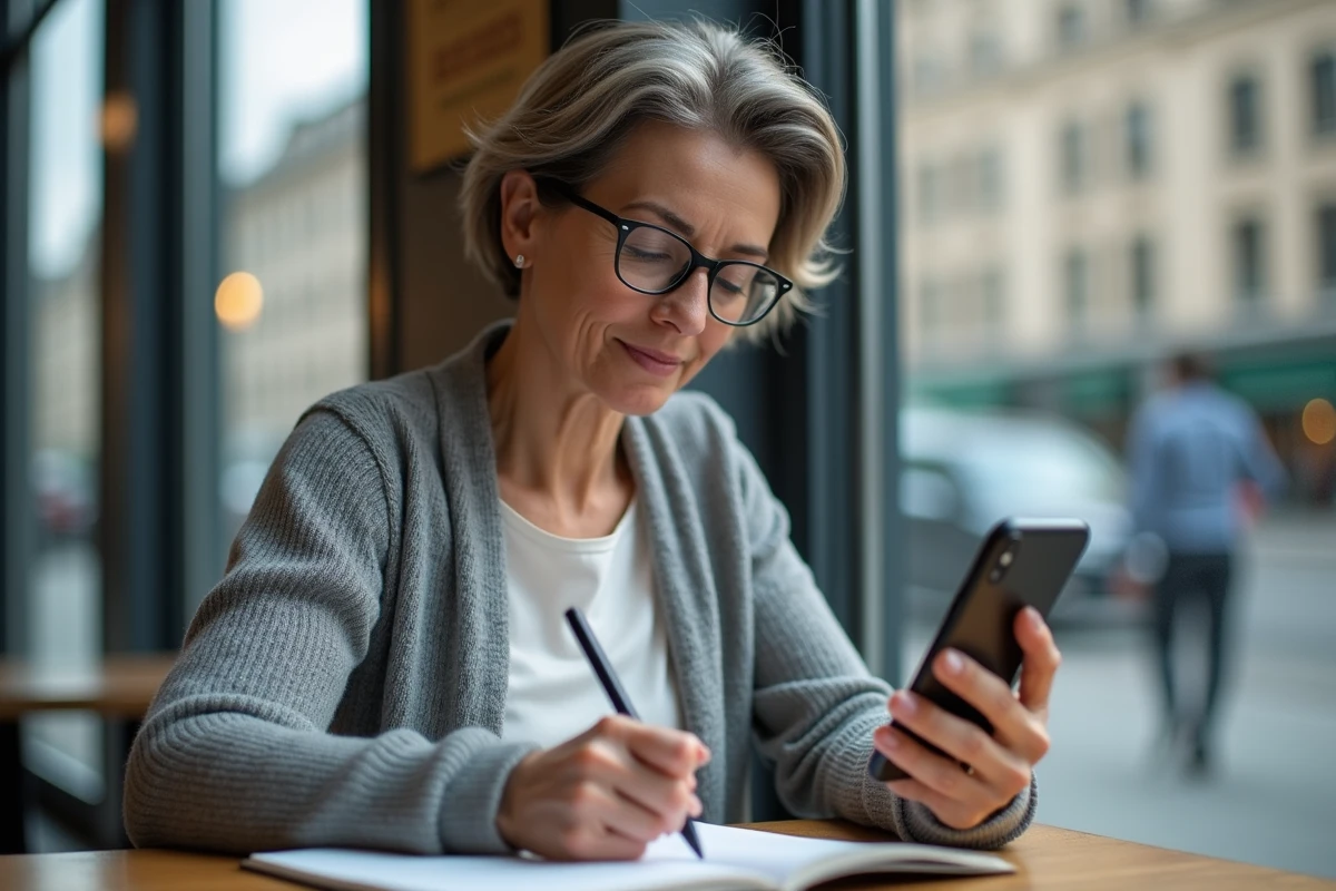 Femme prenant des notes avec smartphone dans un café