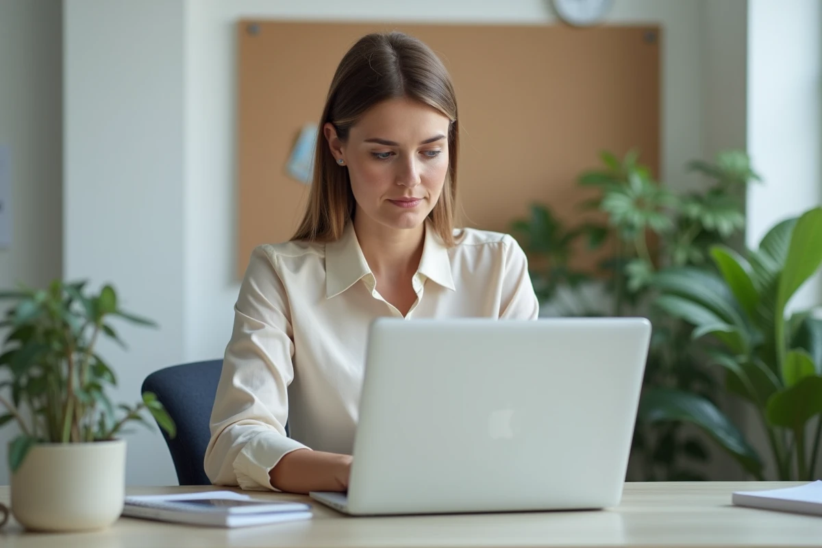 Femme au bureau naviguant sur son espace CE Loxam