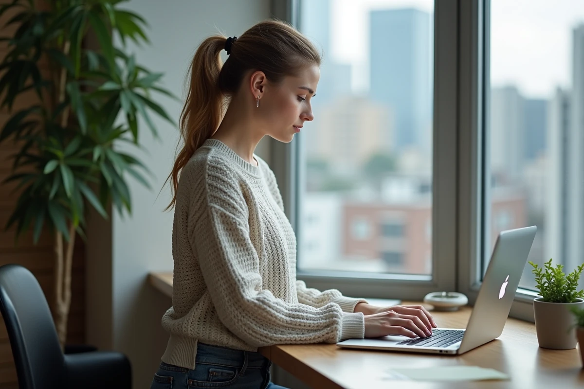 Jeune femme tapant son mot de passe sur un ordinateur à la maison