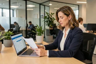 Femme cadre en portage salarial consultant ses documents de contrat dans un espace de coworking moderne