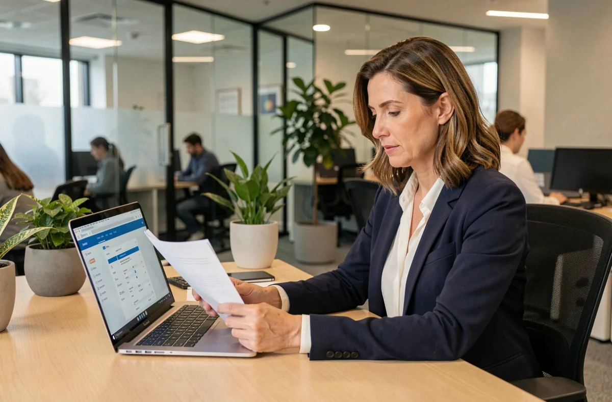 Femme cadre en portage salarial consultant ses documents de contrat dans un espace de coworking moderne