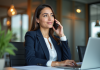 Femme en blazer parlant au téléphone dans un bureau moderne