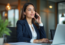Femme en blazer parlant au téléphone dans un bureau moderne