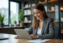 Femme en blazer parlant au téléphone dans un bureau moderne