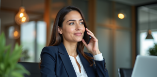 Femme en blazer parlant au téléphone dans un bureau moderne