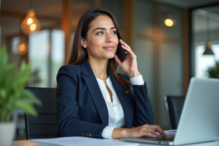 femme-professionnelle-bureau Femme en blazer parlant au téléphone dans un bureau moderne