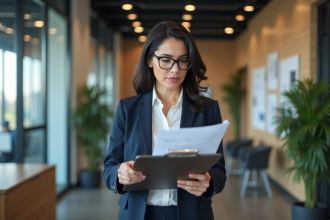 Femme d'affaires vérifiant des documents dans un bureau moderne