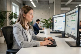 Femme professionnelle analysant des données sur ordinateur pour évaluer un logiciel de gestion adapté à ses besoins en 2026