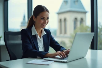 Jeune femme professionnelle utilisant un ordinateur dans un bureau à Grenoble