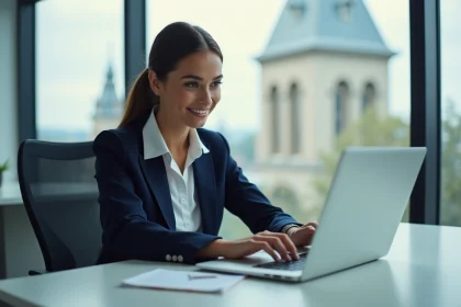 Jeune femme professionnelle utilisant un ordinateur dans un bureau à Grenoble