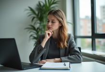 Femme professionnelle réfléchissant à des décisions importantes