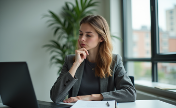 Soupesez les pours et les contres avant de poursuivre une carrière en W Femme professionnelle réfléchissant à des décisions importantes