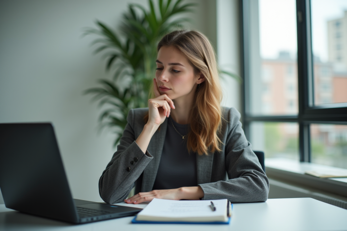 Femme professionnelle réfléchissant à des décisions importantes
