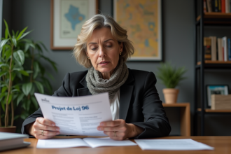 Femme québécoise en blazer lisant un document sur la loi 96