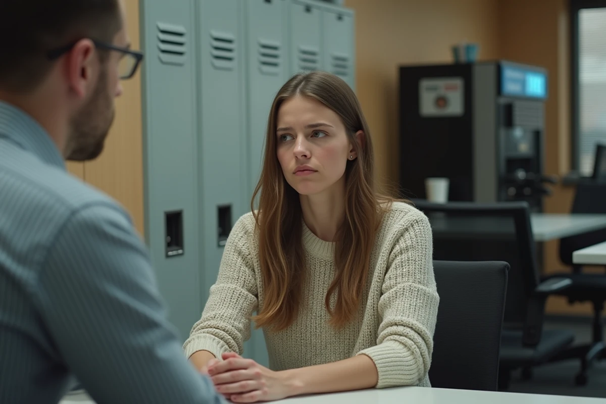 Jeune femme réveillée par un superviseur dans la salle de pause