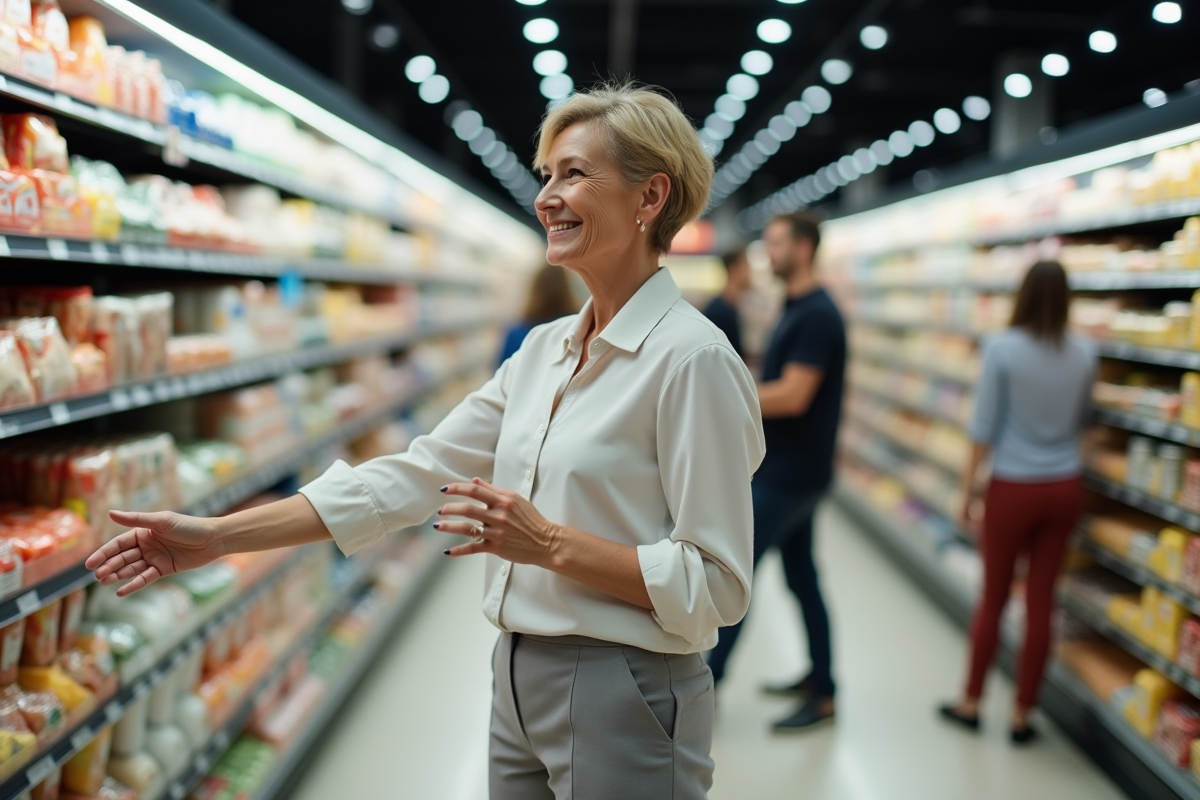 Femme souriante dans un supermarché bien approvisionne